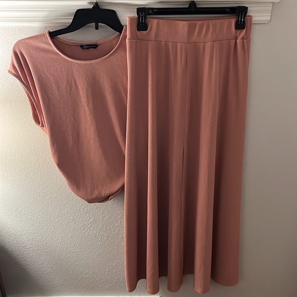 Women's 2piece Short Sleeve Crop Top High Waist Midi Skirt Set-rose-M - Picture 2 of 4